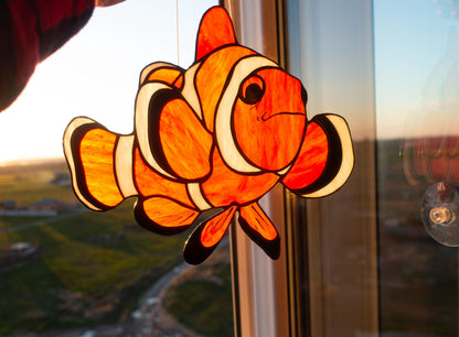 Stained Glass Clownfish Suncatcher — Tropical Orange Fish, Coral Reef Window Art, Ocean Gift