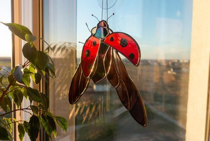 Stained Glass Ladybug Suncatcher — Red Bug Window Hanging, Good Luck Gift, Spring Home Decor