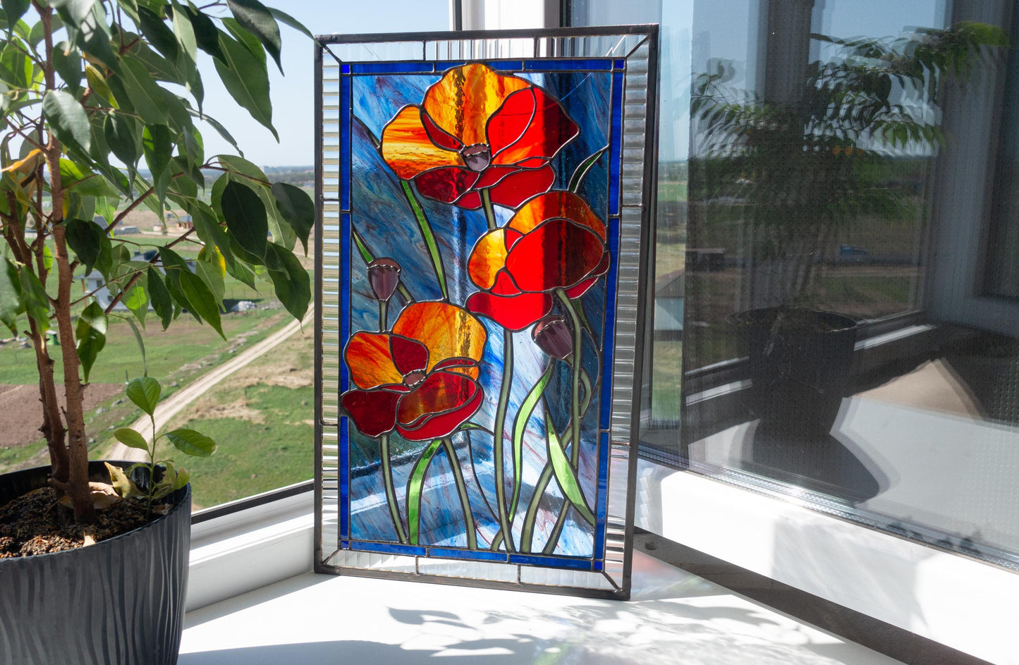 Red Poppies Stained Glass Panel — Wildflower Window Hanging, August Birth Flower Gift Her