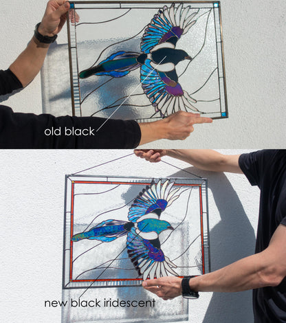Stained Glass Window Panel — Iridescent Magpie Bird, Large Horizontal Hanging, Bird Lover Gift