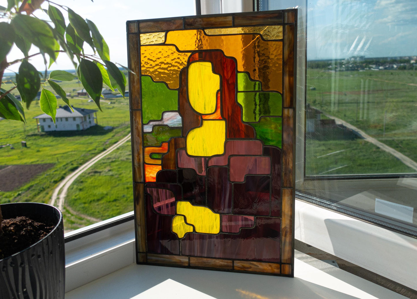 Stained Glass Panel — Geometric Mona Lisa Abstract Art, Pop Art Window Hanging