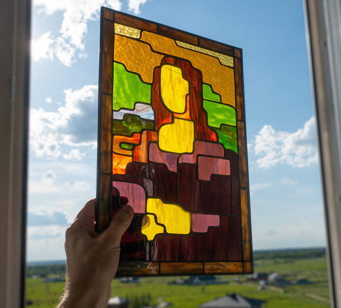 Stained Glass Panel — Geometric Mona Lisa Abstract Art, Pop Art Window Hanging