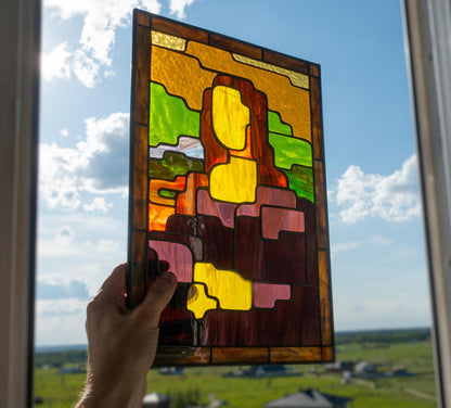 Stained Glass Panel — Geometric Mona Lisa Abstract Art, Pop Art Window Hanging