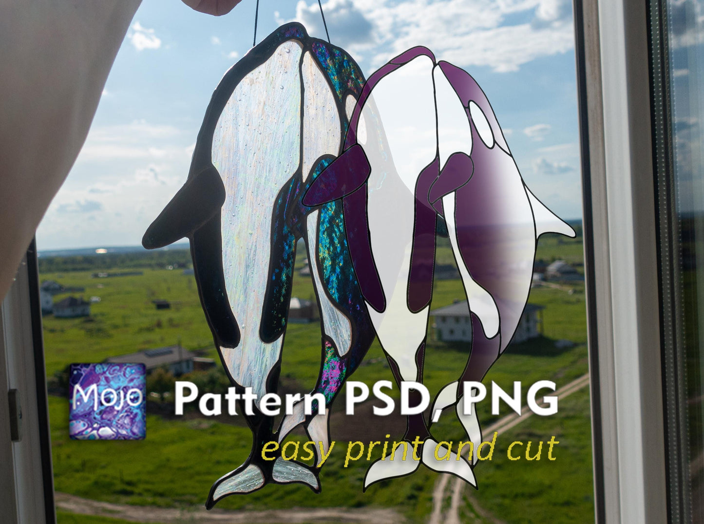 Orca Family Stained Glass Pattern — Killer Whale Pod DIY Suncatcher Template, svg psd Download