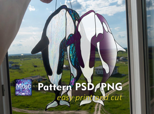 Orca Family Stained Glass Pattern — Killer Whale Pod DIY Suncatcher Template, svg psd Download