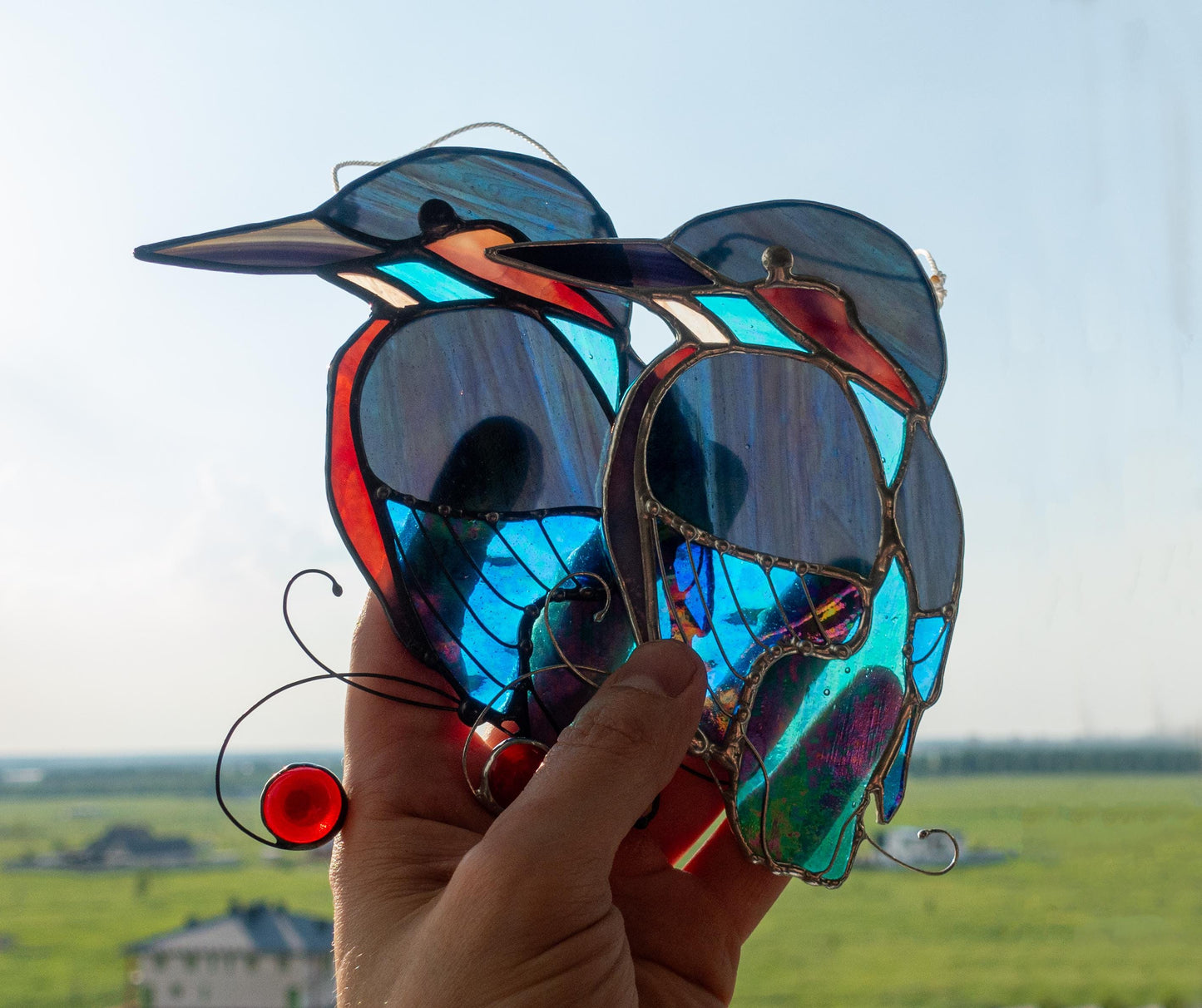 Kingfisher Stained Glass Suncatcher — Iridescent Blue Bird Window Art, Birdwatcher Nature Gift