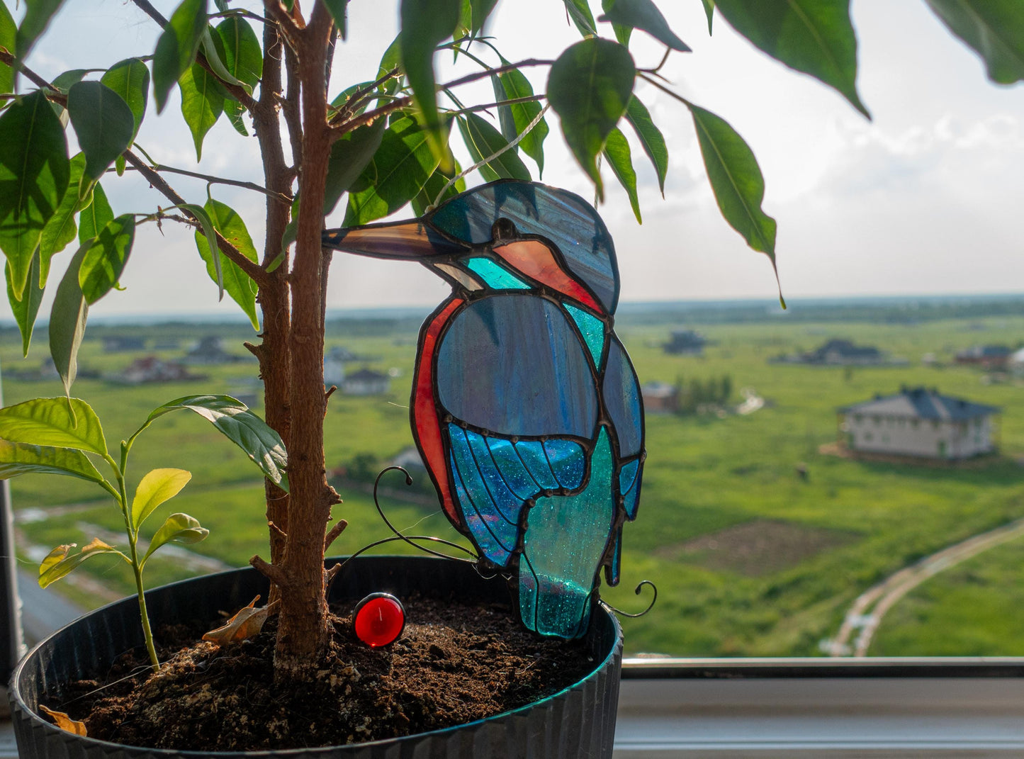Kingfisher Stained Glass Suncatcher — Iridescent Blue Bird Window Art, Birdwatcher Nature Gift