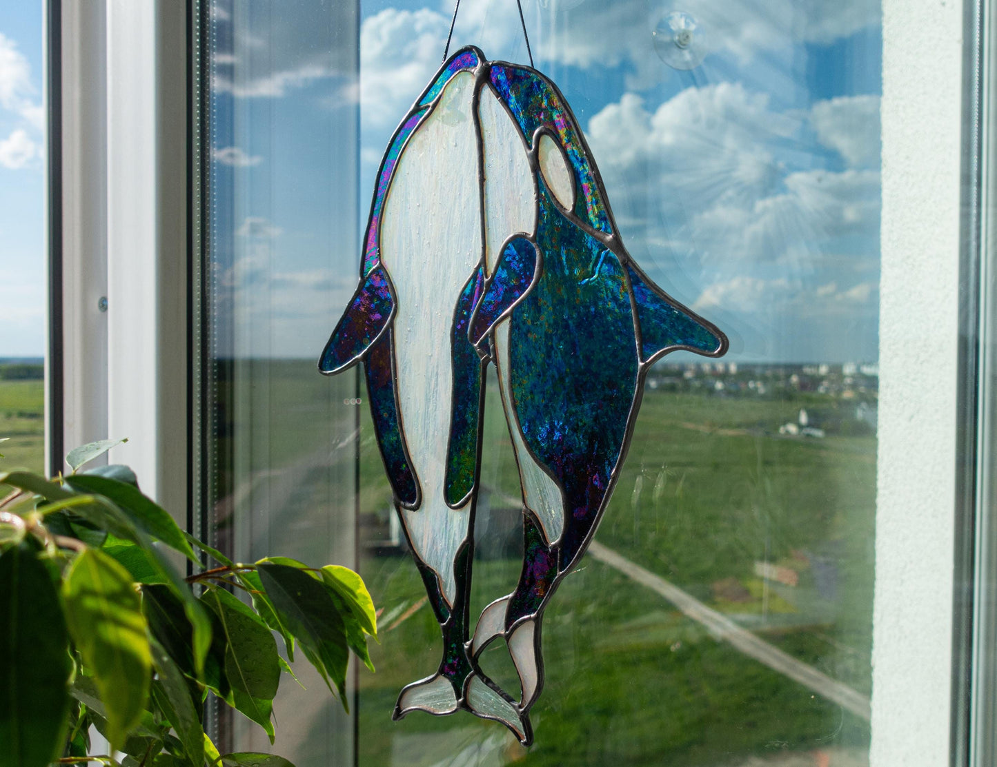 Orca Family Stained Glass Suncatcher — Killer Whale Pod Window Art, Ocean Nature Gift