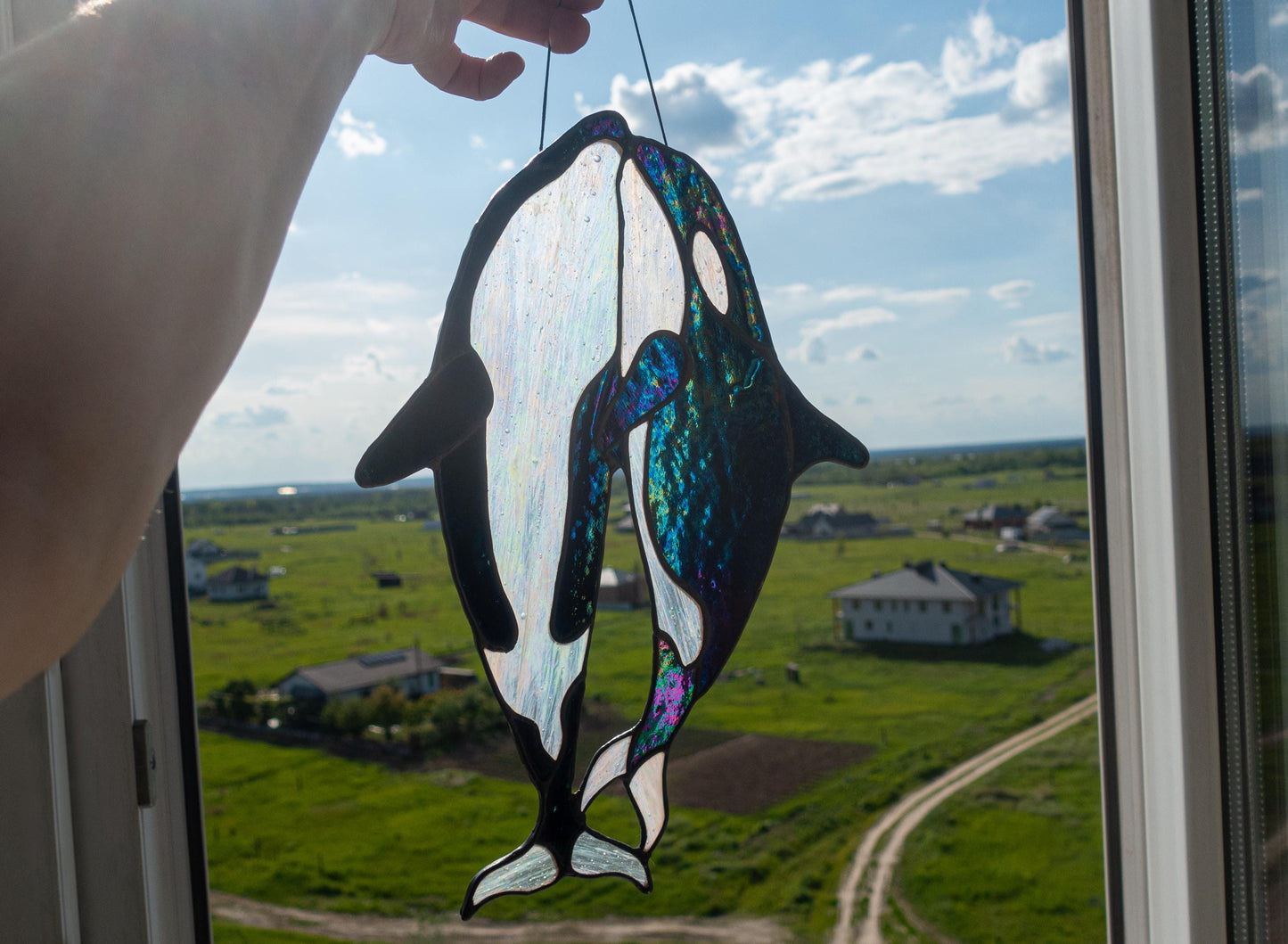 Orca Family Stained Glass Suncatcher — Killer Whale Pod Window Art, Ocean Nature Gift