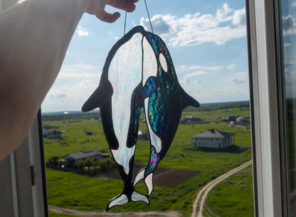 Orca Family Stained Glass Suncatcher — Killer Whale Pod Window Art, Ocean Nature Gift