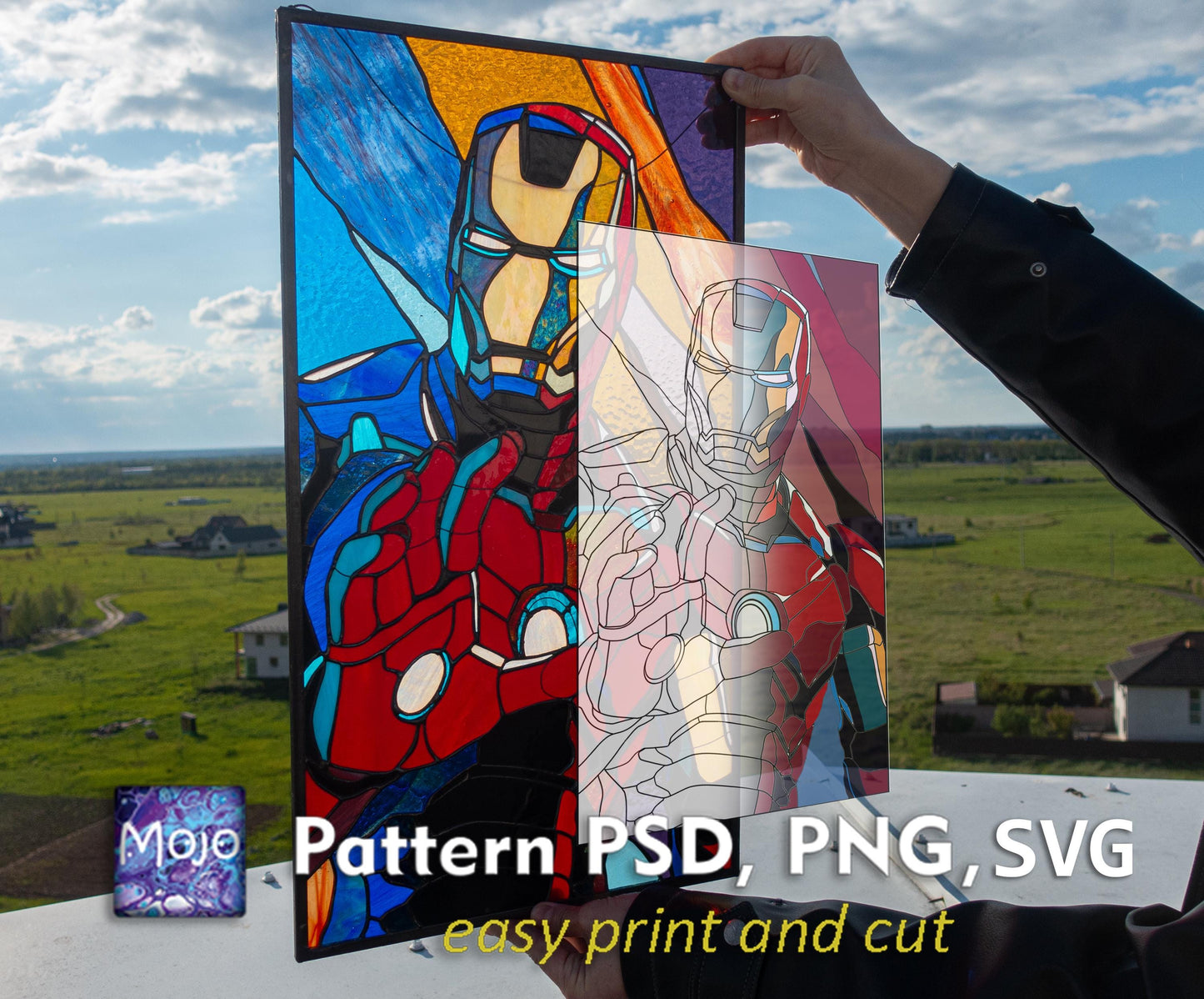 Armored Hero Stained Glass Pattern — Red Gold Superhero DIY Suncatcher Template, svg psd Download