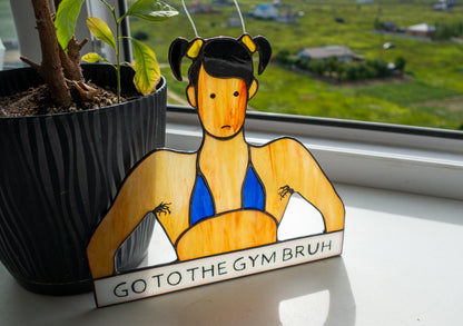Stained Glass Bodybuilder Suncatcher — 90s Gym Humor, Vintage Fitness Window Art, Gym Rat Gift