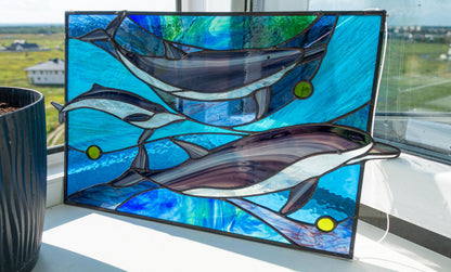 Stained Glass Window Panel — Dolphin Family Ocean, Nautical Window Hanging, Beach House Gift