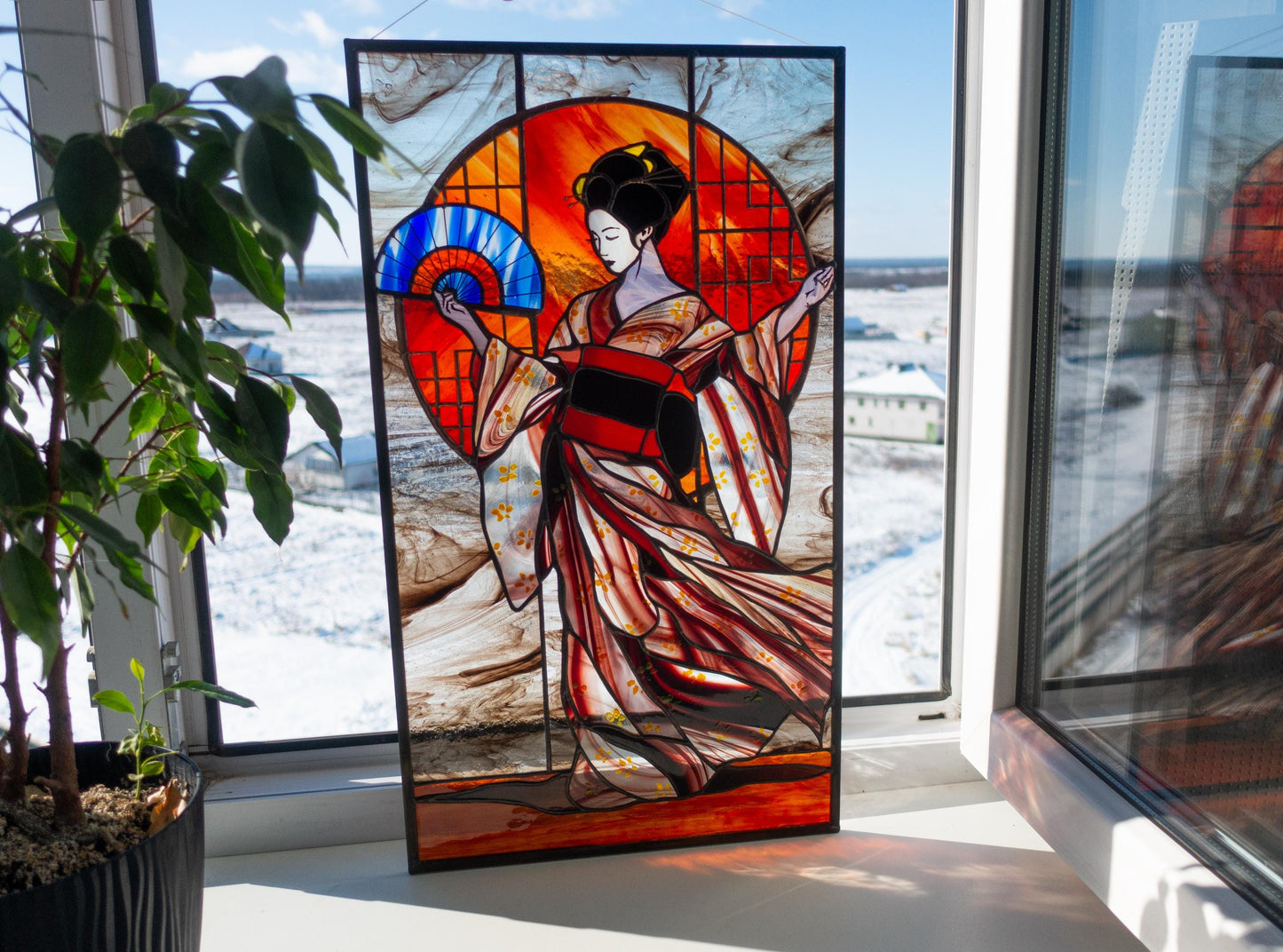 Stained Glass Panel — Geisha Japanese Kimono Wall Art, Oriental Window Hanging, Luxury Asian Gift