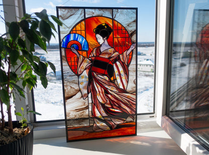 Stained Glass Panel — Geisha Japanese Kimono Wall Art, Oriental Window Hanging, Luxury Asian Gift