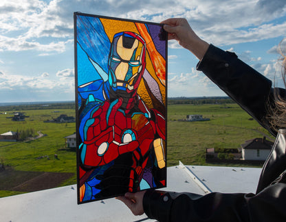 Armored Hero Stained Glass Panel — Red Gold Superhero Large Window Art, Geek Comic Gift