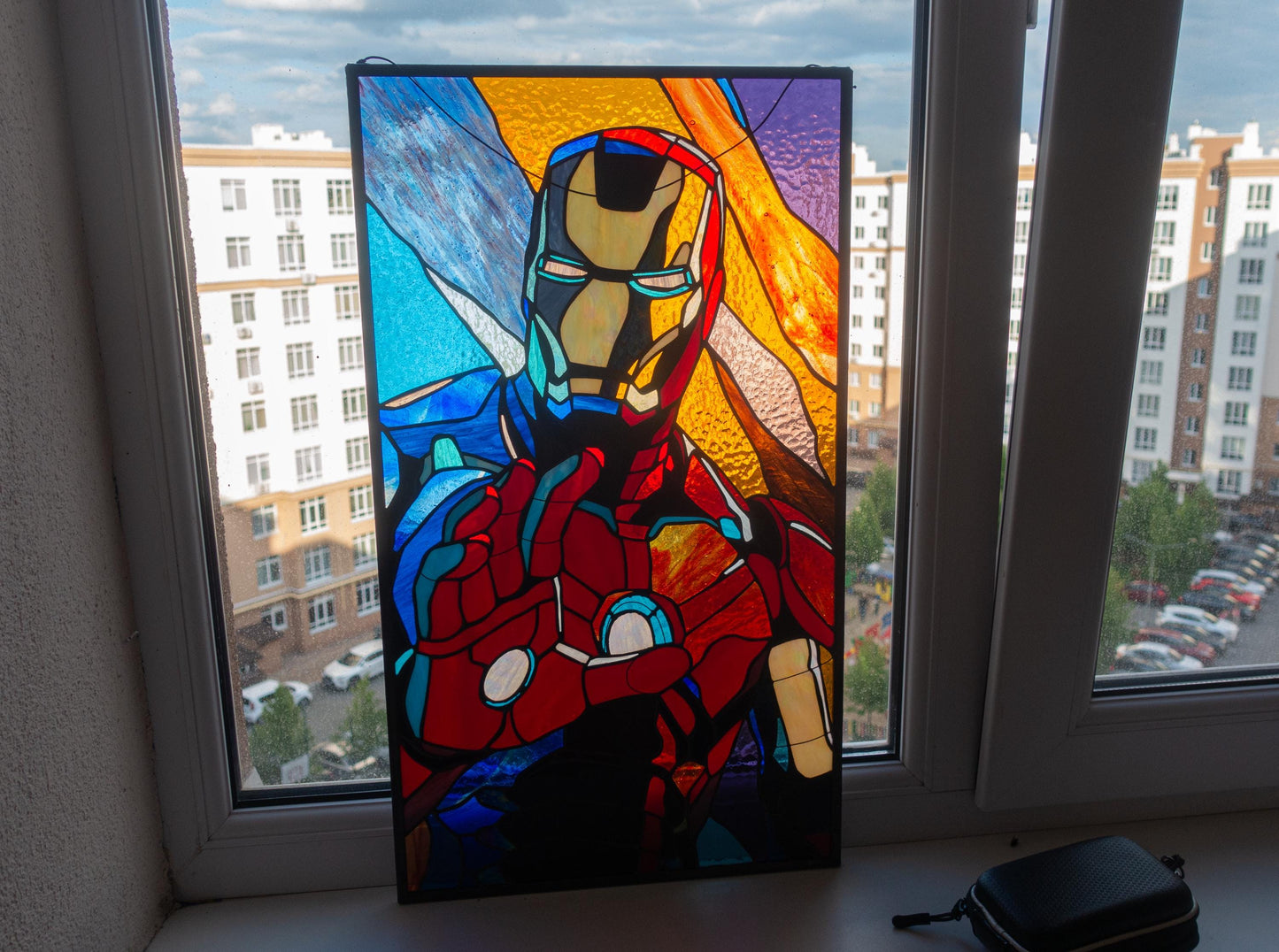 Armored Hero Stained Glass Pattern — Red Gold Superhero DIY Suncatcher Template, svg psd Download