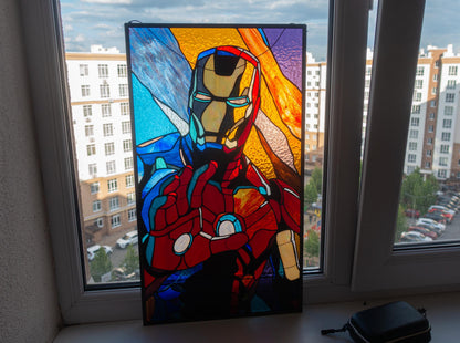 Armored Hero Stained Glass Pattern — Red Gold Superhero DIY Suncatcher Template, svg psd Download
