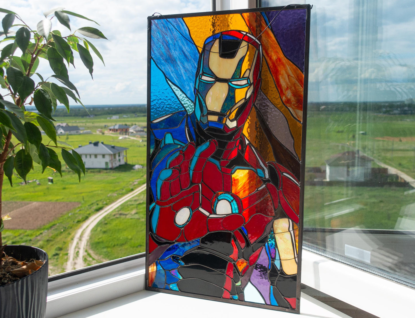 Armored Hero Stained Glass Pattern — Red Gold Superhero DIY Suncatcher Template, svg psd Download