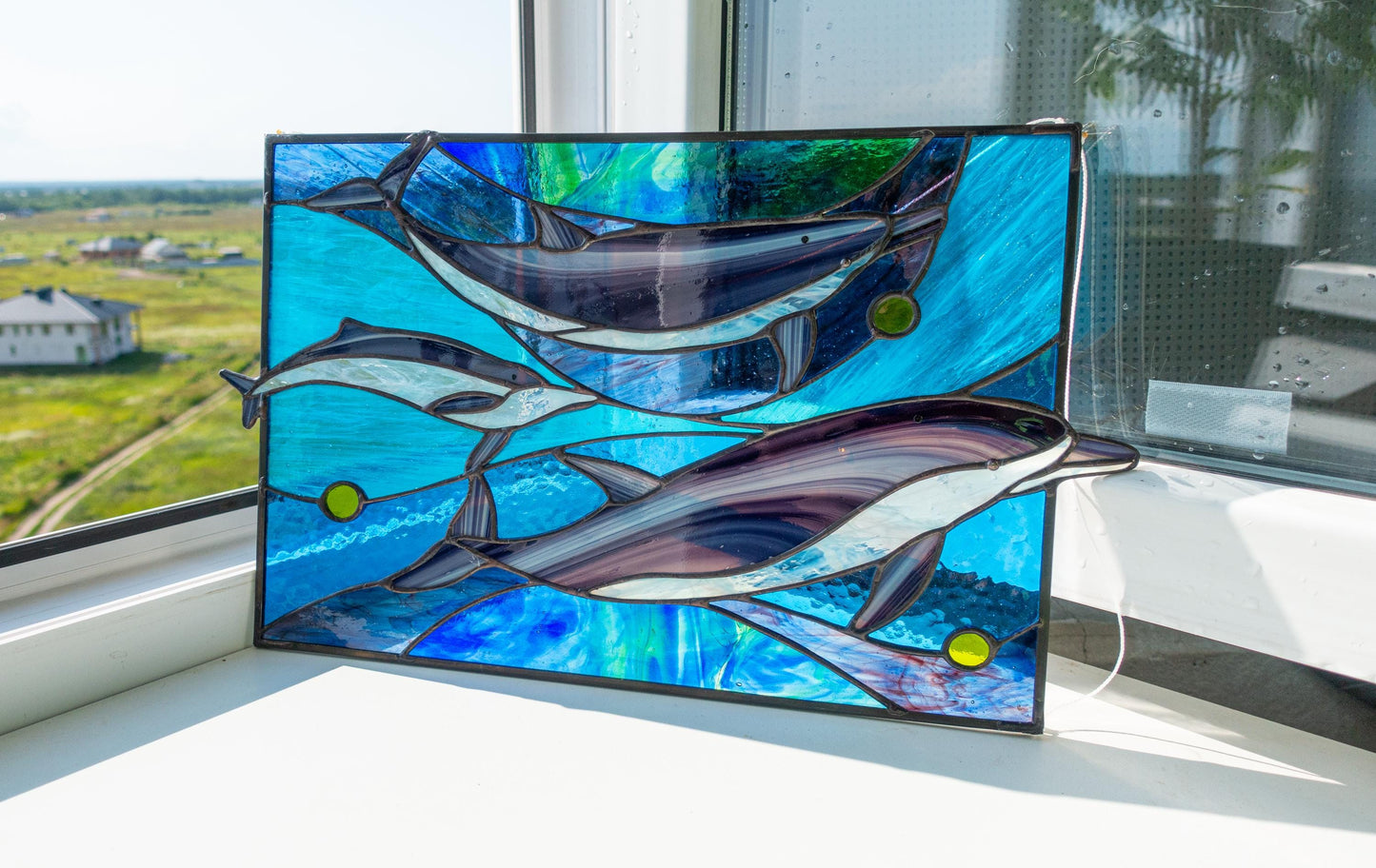 Stained Glass Window Panel — Dolphin Family Ocean, Nautical Window Hanging, Beach House Gift