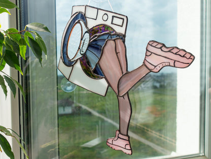 Stuck in Washing Machine Suncatcher — Funny Meme Window Art, Weird Home Decor, Humor Gift