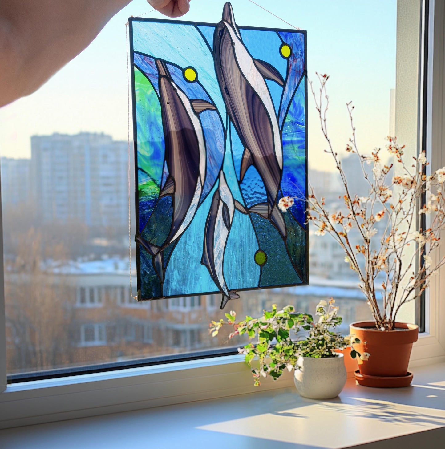 Stained Glass Window Panel — Dolphin Family Ocean, Nautical Window Hanging, Beach House Gift