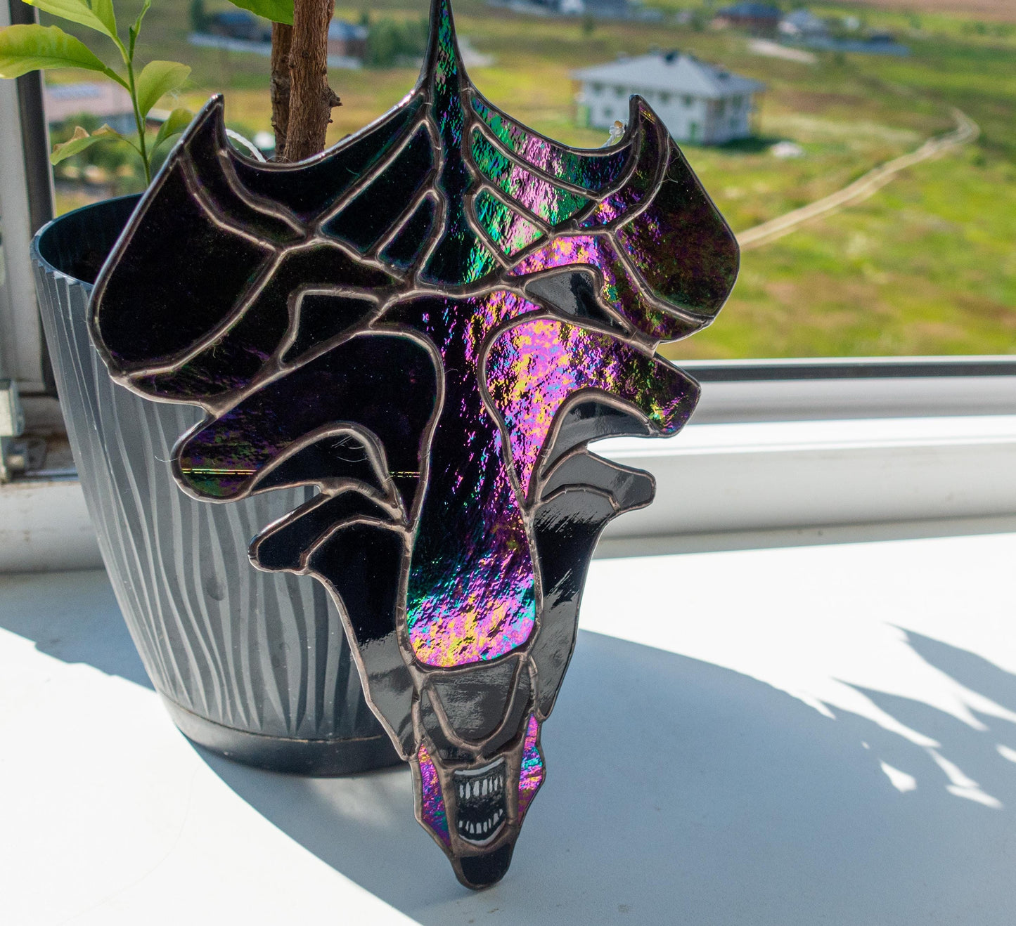 Dark Monster Queen Stained Glass Suncatcher — Iridescent Horror Window Art, Sci-Fi Gift