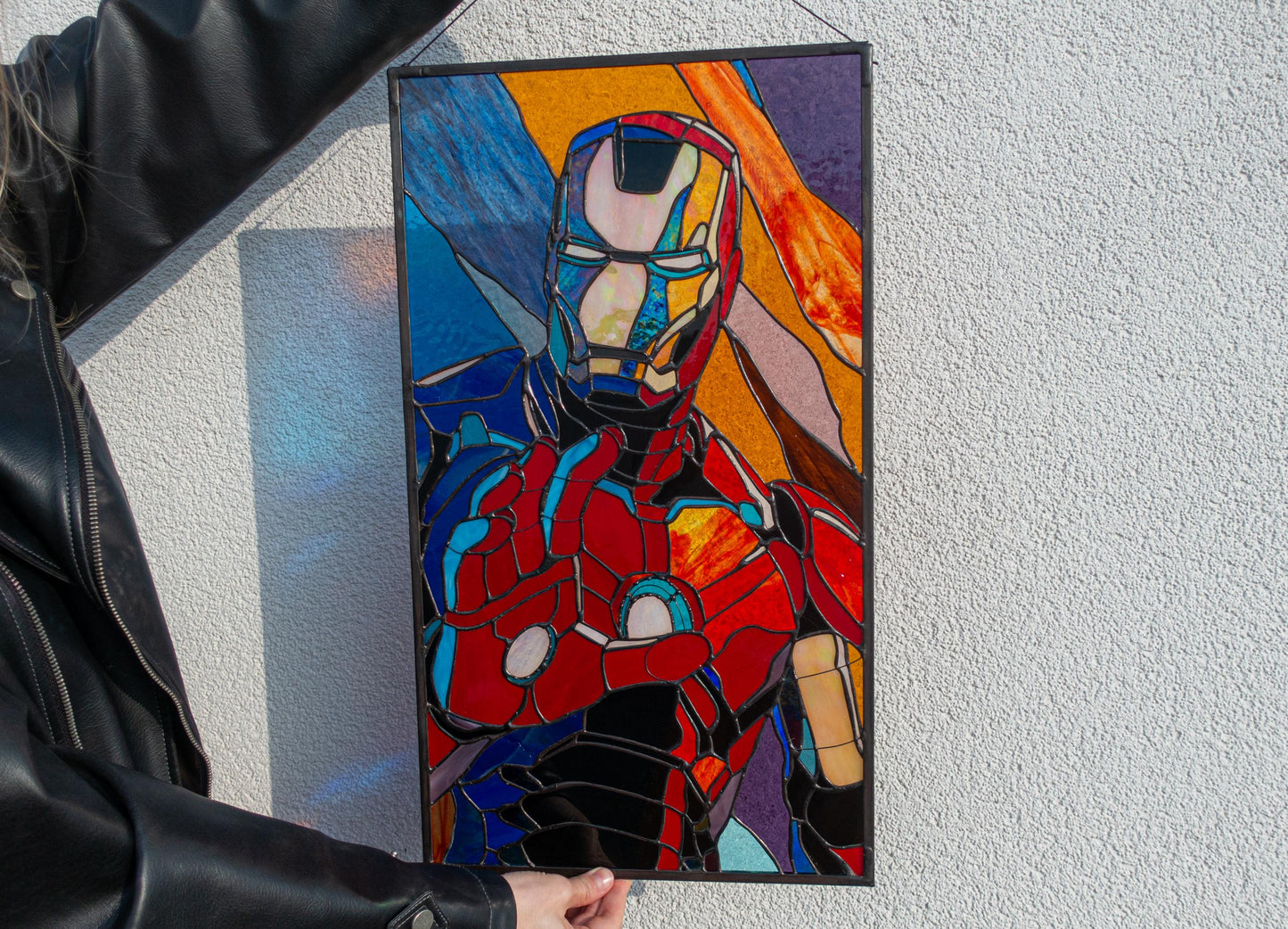 Armored Hero Stained Glass Panel — Red Gold Superhero Large Window Art, Geek Comic Gift