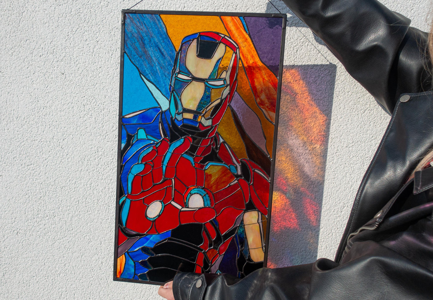 Handmade Stained Glass Red Gold Superhero Panel — Large Comic Book Wall Art Geek Decor