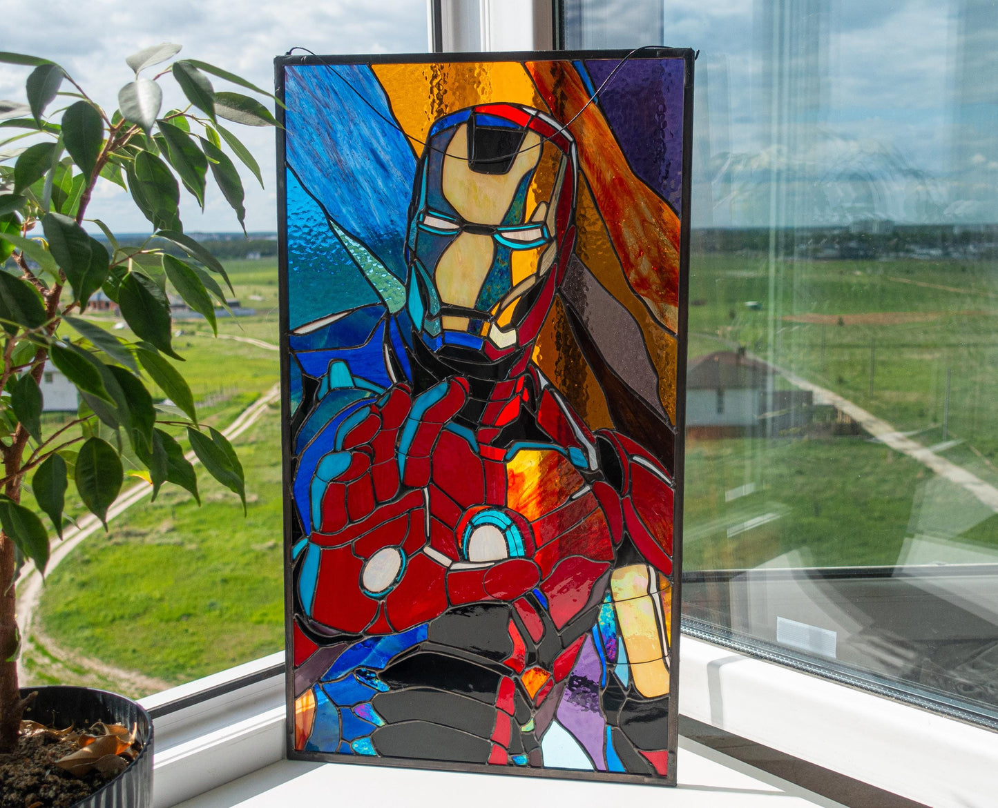 Armored Hero Handmade Stained Glass Panel — Red Gold Superhero Large Window Art Geek Gift