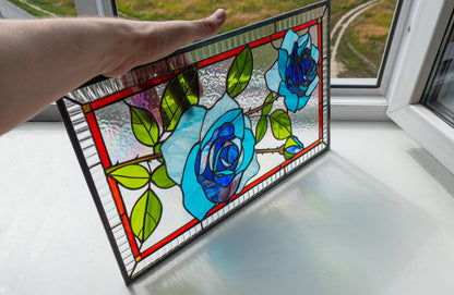 Blue Moon Rose Stained Glass Window Panel | Handmade Floral Suncatcher | Home Decor from Ukraine