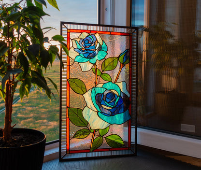 Blue Moon Rose Stained Glass Window Panel | Handmade Floral Suncatcher | Home Decor from Ukraine