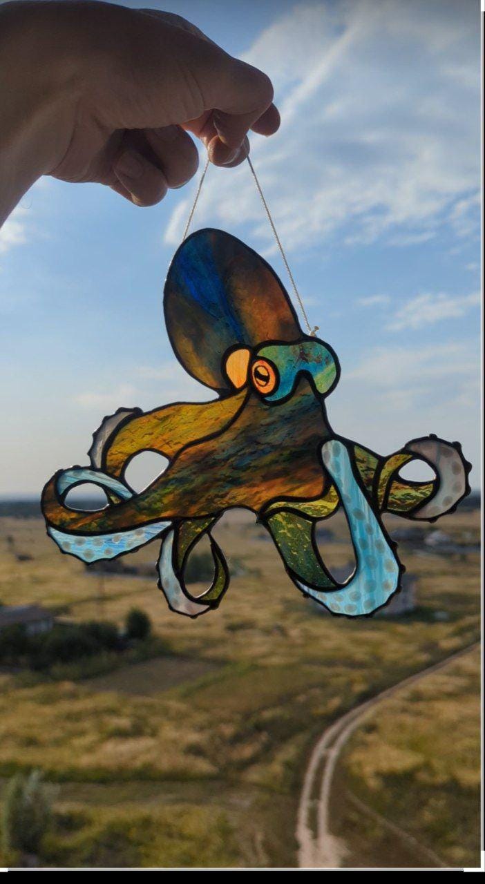 Mystical Octopus Kraken Stained Glass Pattern — Ocean DIY Suncatcher Template, svg psd Download