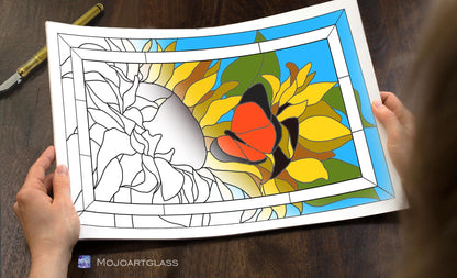 Sunflower Butterfly Stained Glass Pattern — Floral Garden DIY Suncatcher Template, svg psd Download