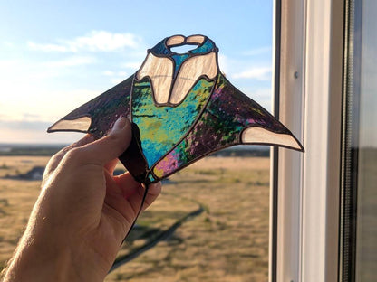 Manta Ray Stained Glass Suncatcher — Ocean Window Hanging, Marine Life Gift, Coastal Decor