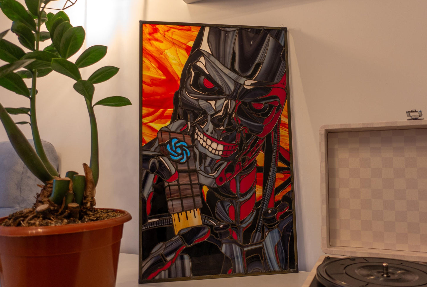 Cyborg Warrior Stained Glass Panel — Sci-Fi Metal Skull, Cyberpunk Large Window Art Gift Him