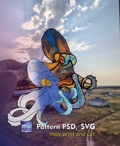 Mystical Octopus Kraken Stained Glass Pattern — Ocean DIY Suncatcher Template, svg psd Download