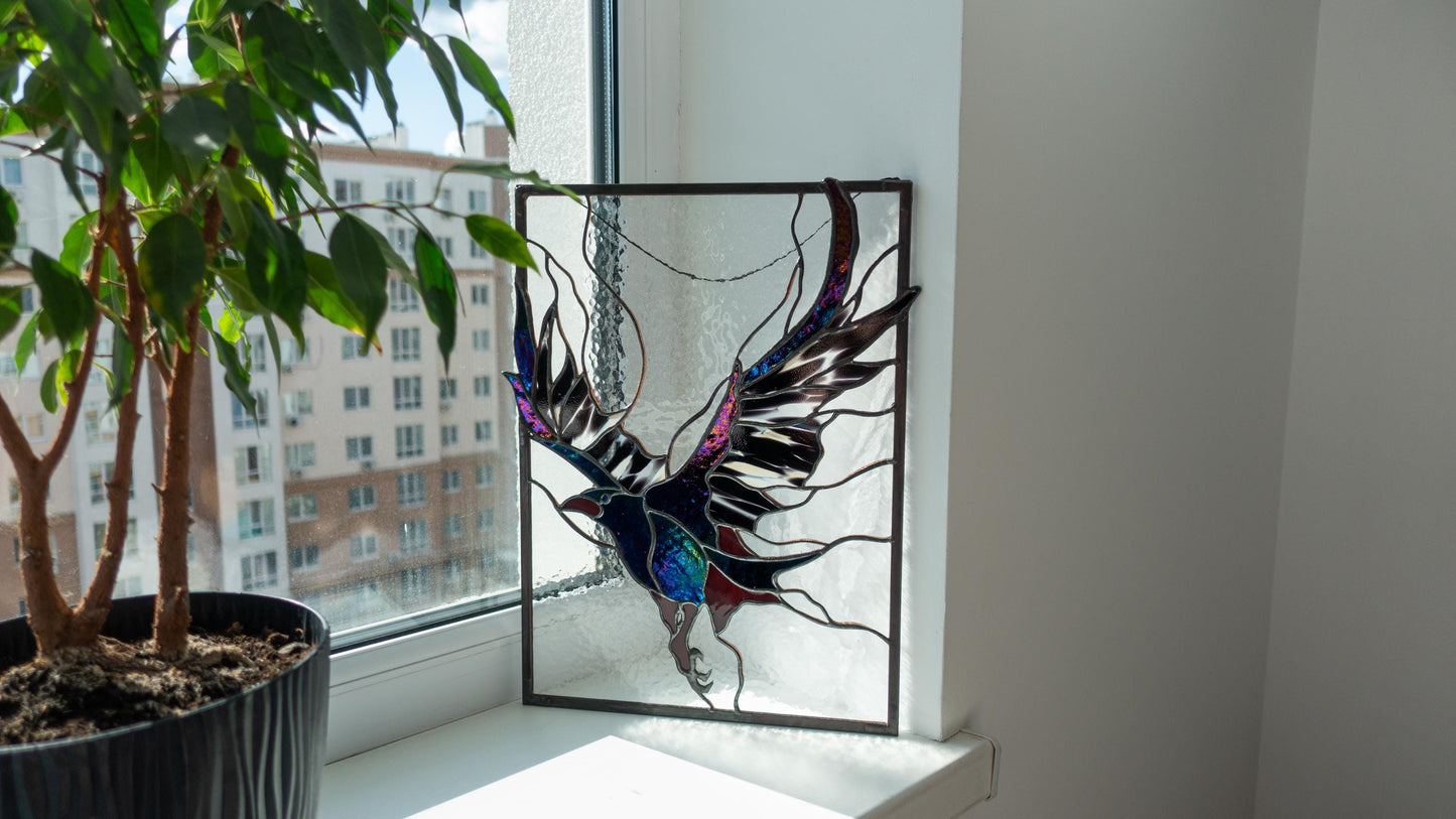 Stained Glass Panel — Gothic Raven Black Bird, Dark Academia Window Hanging, Witchy Home Gift