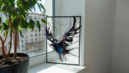 Stained Glass Panel — Gothic Raven Black Bird, Dark Academia Window Hanging, Witchy Home Gift