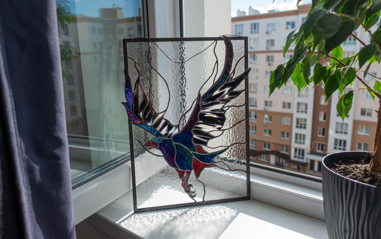 Stained Glass Panel — Gothic Raven Black Bird, Dark Academia Window Hanging, Witchy Home Gift