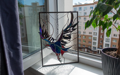Stained Glass Panel — Gothic Raven Black Bird, Dark Academia Window Hanging, Witchy Home Gift