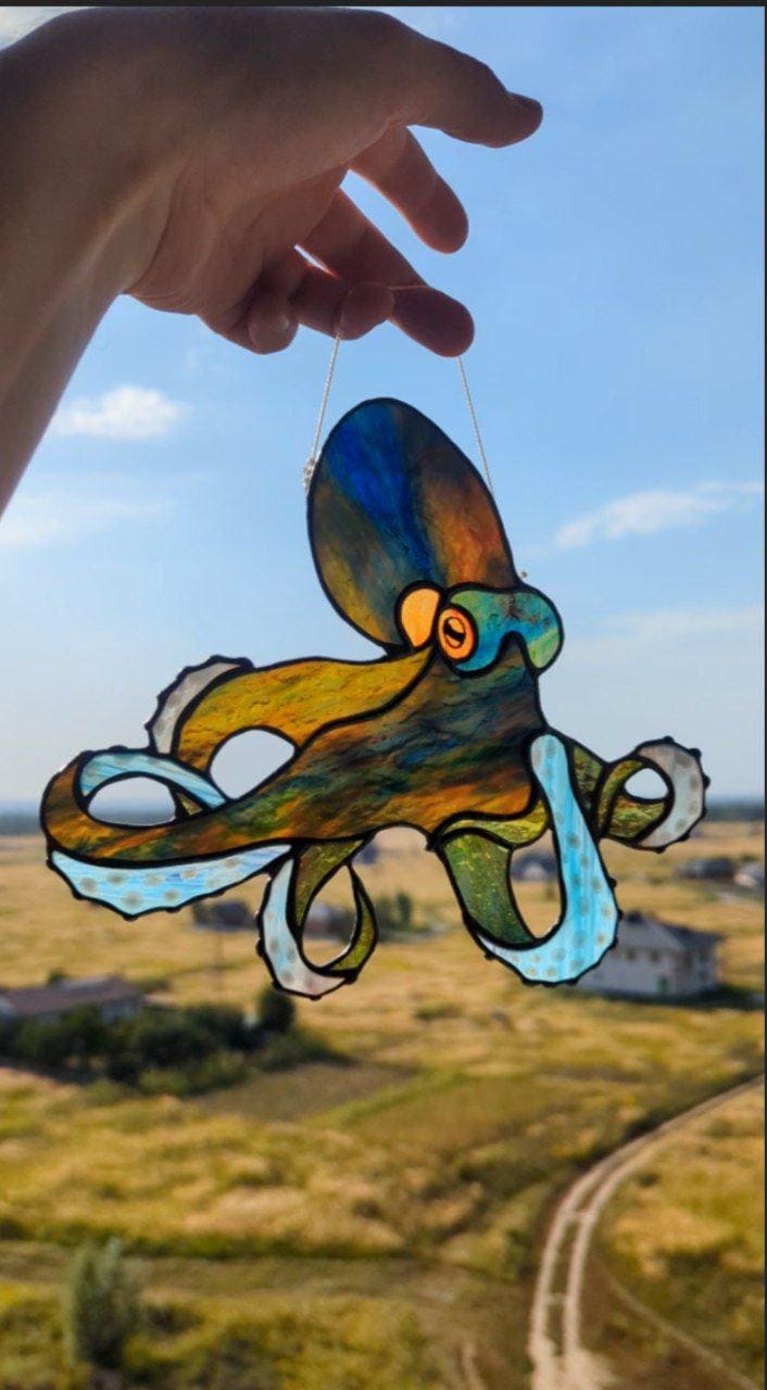 Mystical Octopus Kraken Stained Glass Pattern — Ocean DIY Suncatcher Template, svg psd Download