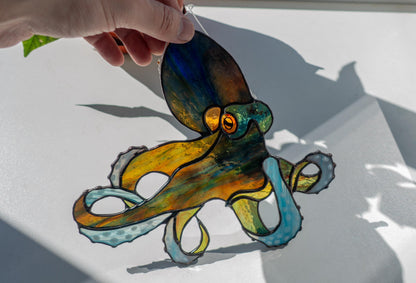 Mystical Octopus Stained Glass Suncatcher — Kraken Window Hanging, Ocean Dark Art Gift