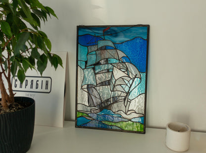 Stained Glass Window Panel — Sailing Ship Seascape, Nautical Ocean Hanging, Sailor Boat Gift
