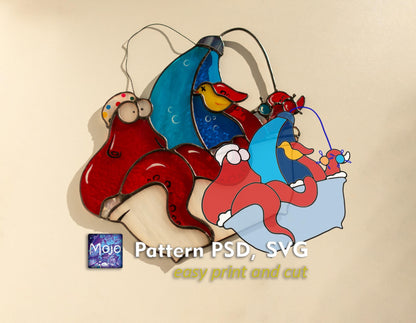 Octopus in Shower Stained Glass Pattern — Funny Bathroom DIY Suncatcher Template, svg psd Download