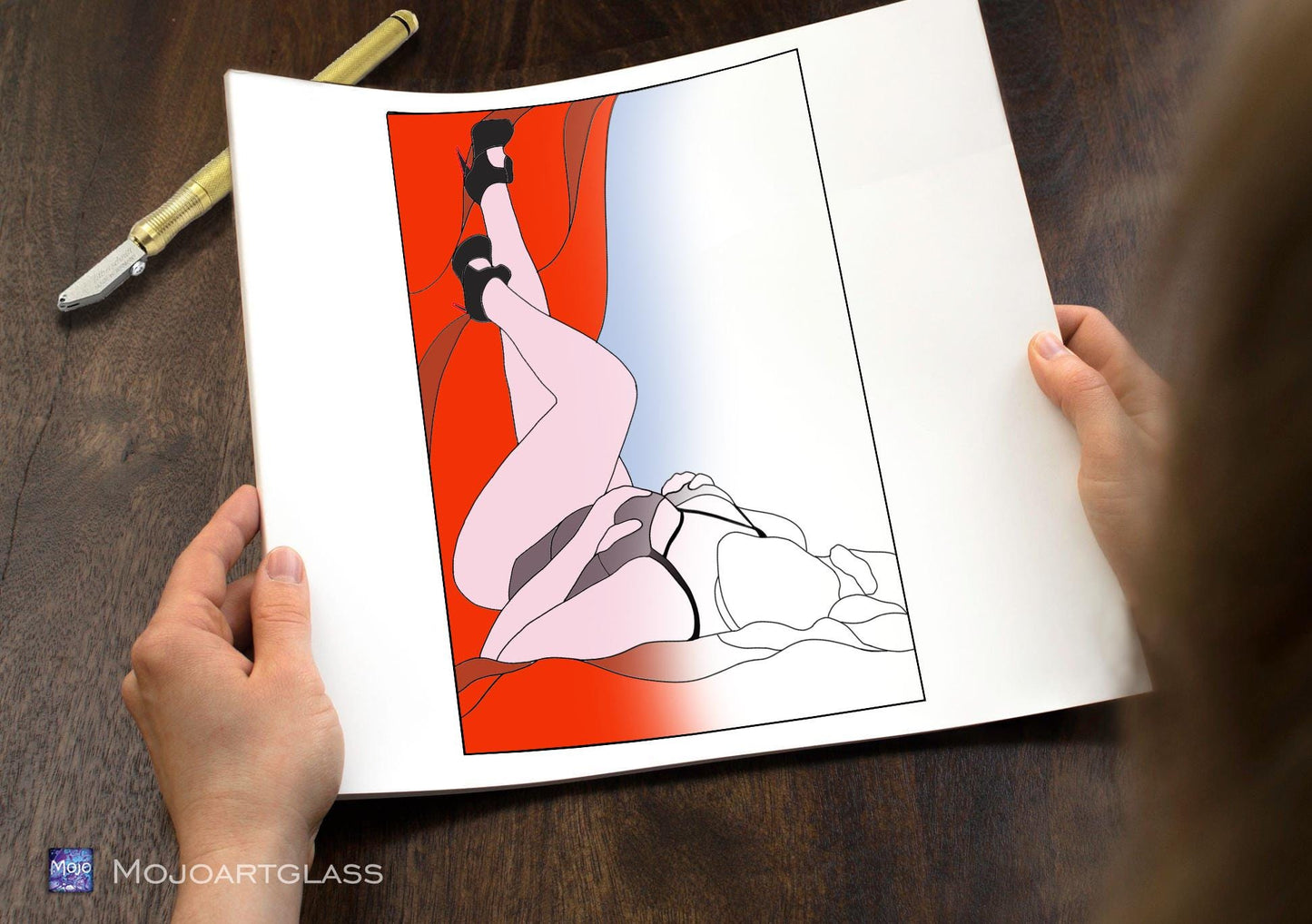 Retro Pin-Up Stained Glass Pattern — Vintage Feminine Figure DIY Panel Template, svg psd Download