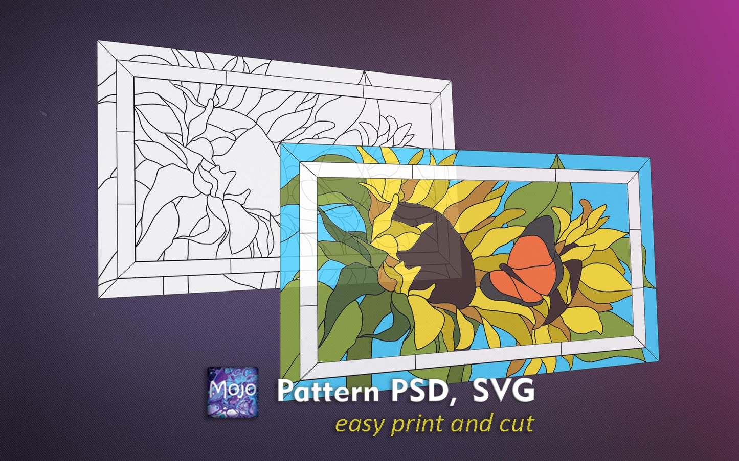 Sunflower Butterfly Stained Glass Pattern — Floral Garden DIY Suncatcher Template, svg psd Download