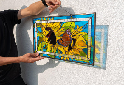 Sunflower Butterfly Stained Glass Pattern — Floral Garden DIY Suncatcher Template, svg psd Download