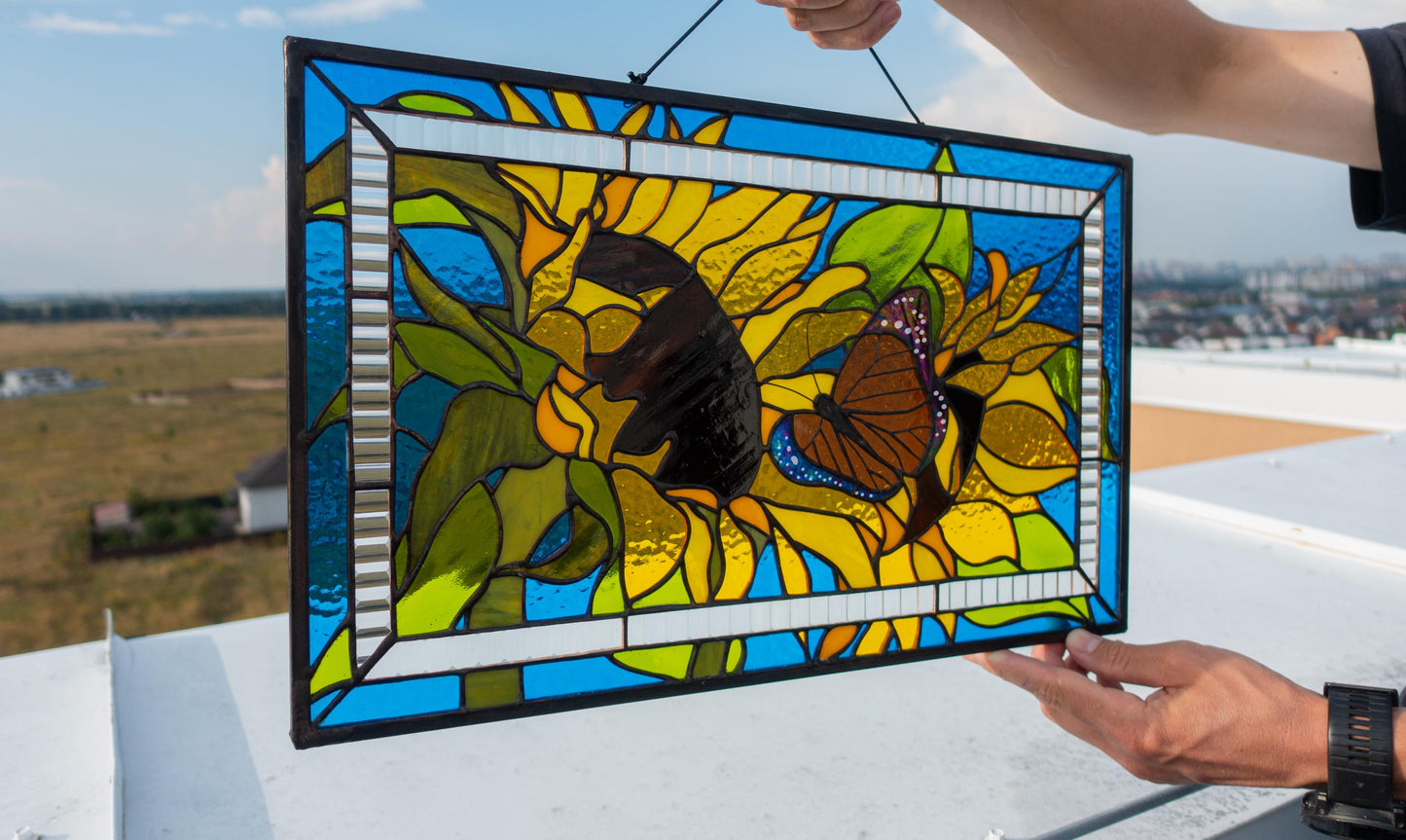 Sunflower Butterfly Stained Glass Pattern — Floral Garden DIY Suncatcher Template, svg psd Download