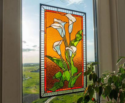 Calla Lily Stained Glass Panel — Elegant Floral Window Art, Wedding Flower Gift for Her